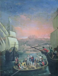 Odjezd Santa Maria, Pinta a Nina z Palosu v roce 1492 (olej na plátně)