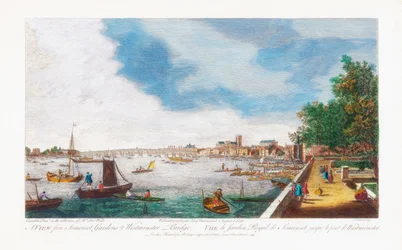 Pohled z Somerset Gardens na Westminster Bridge, vyrytý John Miller, 1750