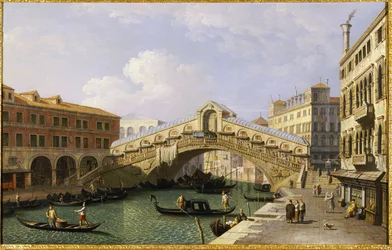 Most Rialto Benátky z jihu s Fondamenta Del Vin a Fondaco Dei Tedeschi