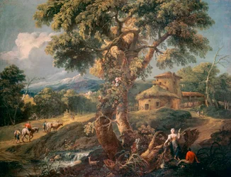 Horská krajina s lidmi a řekou, Antonio Diziani (1738-1797), olej na plátně, 55x72 cm