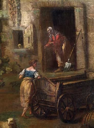 ""Italská krajina"" (italská krajina) Statek na italském venkově, detail představující starou selku. Obraz Antonia Dizianiho (1737-1797) Muzeum výtvarného umění Mikalojus Konstantinas Ciurlionis z 18. století, Kaunas, Litva