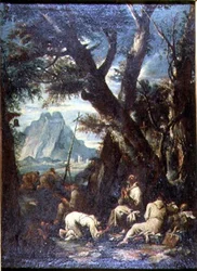 Venkov s poustevníky, cca 1700-10 (olej na plátně)