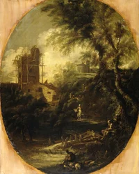 Krajina s poustevníkem, asi 1690-1724 (olej na plátně)