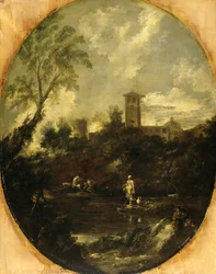 Krajina s mnichy, asi 1690-1724 (olej na plátně)