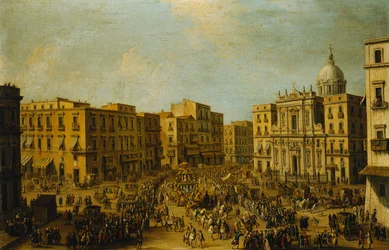 Largo San Ferdinando, Neapol, v době karnevalu s královským kočárem blížícím se k Palazzo Reale,
