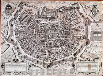 Plán města Milána vydaný Antoniem Lafrerim (Lafrery nebo Lanfrerius) (1512-1577) roku 1573. Jde o nejstarší mapu města. Milán, Milánské muzeum - Mapa Milána. Nejstarší mapa města z roku 1573, vydaná Antoniem Lafrerim. Itálie, Milánské muzeum