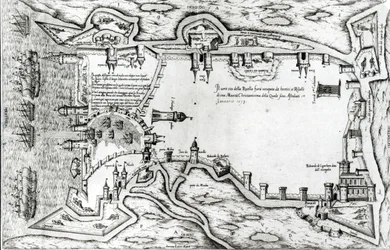 Mapa znázorňující La Rochelle obsazenou hugenoty