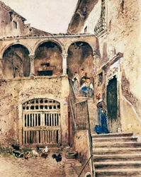 Uvnitř nádvoří činžovního domu, Antonio Mancini (1852-1930)