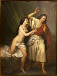 Josef a manželka Putifara (Pótifar). Obraz Antonia Esquivela (1806-1857), olej na plátně