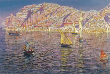Pohled na záliv Palma de Mallorca - Munoz Degrain, Antonio (1840-1924) - cca. 1905 – Olej na plátně – 89x133,5 – Muzeum Carmen Thyssen, Malaga