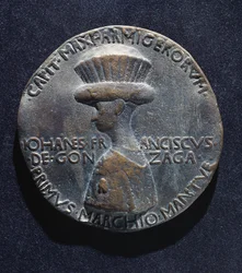 Bronzová medaile Gianfrancesca Gonzagy (1395-1444), líc, navrhl Antonio di Puccio Pisano, známý jako Pisanello (cca 1395-1455), průměr 10,20 cm