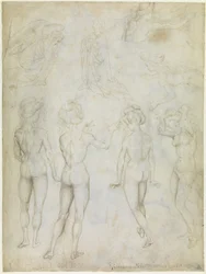 Čtyři studie ženského aktu, zvěstování a dvě studie plavání ženy, c.1425