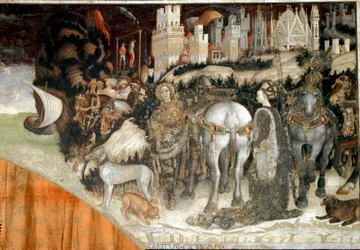 Svatý Jiří osvobozuje princeznu z Trebizondu, detail. Freska Antonia Pisana, zvaného Pisanello (kolem roku 1380-1455), 1436-1438, Verona, Chiesa di Sant
