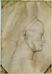 Hlava mladé ženy z profilu vpravo. Kresba dílny Antonia di Puccia Pisano dit Pisanello (1395-1455). Hnědý inkoust, černý kámen, peříčko. Rozměr: 24,6 x 17,2 cm. Louvre, Cabinet des Dessins.