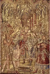 Svatý Jan Křtitel zvěstuje farizejům Kristovo poslání, tapisérie zobrazující výjevy ze života světce (textil)