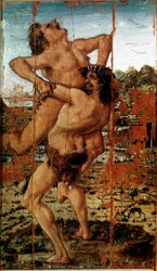 Dvanáct Herkulových prací: Héraklés (Herkules) zvedá obra Antaia. Antonio Benci, zvaný Pollaiolo (Pollaiuolo) (1431-1498)