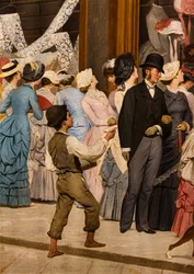 Epocha, detail žen při pohledu na výlohu a chlapce