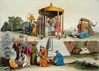 Japonský svatební obřad, ilustrace z knihy "Le Costume Ancien et Moderne" od Giulia Ferraria, vydané asi ve 20.-30. letech 19. století (barevná rytina)