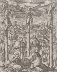 Kristus ukřižovaný mezi dvěma zloději, třemi Mariemi u paty kříže, 1612.