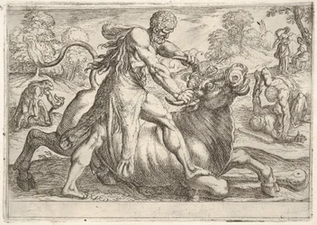 Hercules a Achelous: uprostřed Herkules uchopí rohy býka a stiskne jeho ri..., 1608.