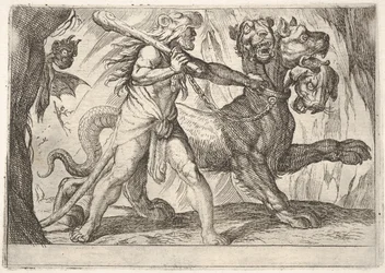 Herkules a Kerberos: Herkules uchopí Kerbera za obojek, vlevo se objevují dva démoni ..., 1608