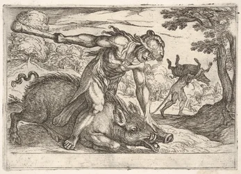 Herkules a kanec z Erymanthus: Herkules drží kančí čenich levou rukou..., 1608.