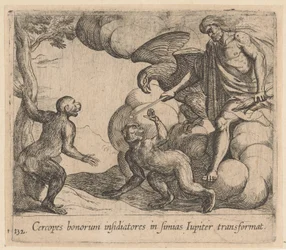 Jupiter promění Cerkopa v opici Jupiter proměňuje obléhatele dobra v opice (název na předmětu) Metamorphoseon nebo transformace (název série) Metamorfosen van Ovidius (název série)