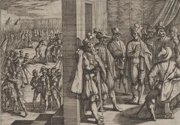 Deska 18: Tajné setkání Civila s dalšími vůdci z Trevíru, z díla Válka Římanů proti Batávům, 1611.