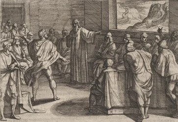 Deska 23: Konference o tom, jaké kroky podniknout proti novým jednotkám Římanů přibližujících se přes ..., 1611.