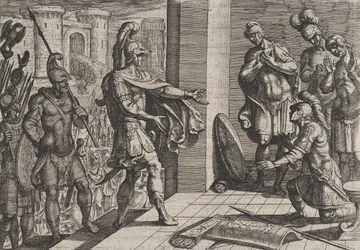 Deska 26: Cerialis omilostňuje a osvobozuje římské vojáky, kteří pomáhali Civilis, z The Wa..., 1611.