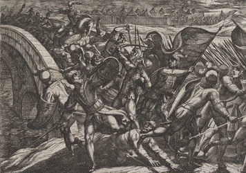 Talíř 27: Holanďané během překvapivého útoku na římský tábor na Mosele, z Wa..., 1611.