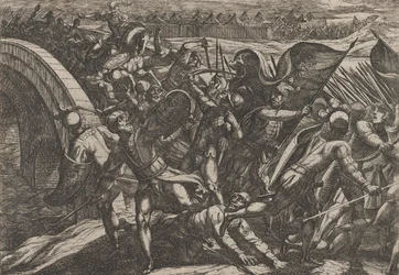 Talíř 27: Holanďané během překvapivého útoku na římský tábor na Mosele, z Wa..., 1611.
