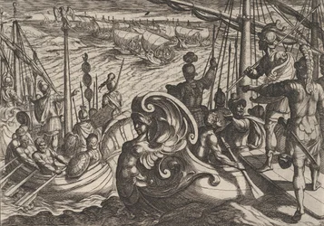 Deska 33: Holandské a římské flotily na Rýně, z Války Římanů proti B..., 1611.