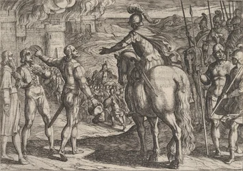 Talíř 34: Římané vypalující holandský venkov, z Války Římanů proti..., 1611.