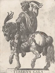 Deska 3: Císař Tiberius na koni, z „Prvních dvanácti římských císařů“, 1596.