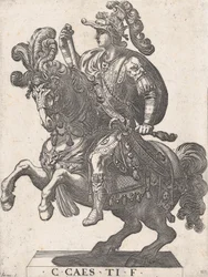Deska 4: Císař Gaius na koni, z „Prvních dvanácti římských císařů“, 1596.
