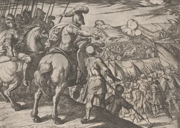 Talíř 5: Alexander řídí bitvu, z The Deeds of Alexander the Great, 1608.,