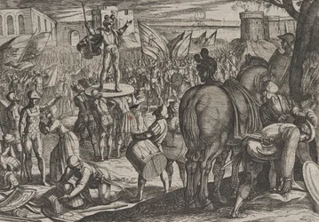 Deska 5: Bruno jmenován vůdcem Caninefatů, z díla Válka Římanů proti..., 1611.
