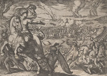 Deska 6: Darius prchající z bitevního pole, ze Skutků Alexandra Velikého, 1608.