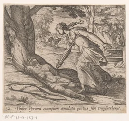 Sebevražda Thisbé - Thijsbe Pyrami exemplum aemulata pectus sibi transuerberat (název na objektu) - Metamorphoseon sive transformationum (název série) - Ovidiovy Proměny (název série)
