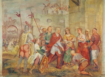 Jacopo Barbarigo osvobozuje uherskou královnu Markétu od Turků v roce 1426 (nástěnná malba)