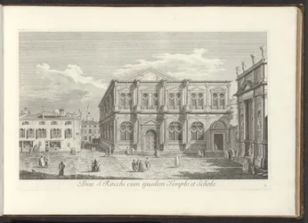 Gezicht op Campo San Rocco te Venetië Oblast S. Rocchi se stejným chrámem a školou (název na objektu) Gezichten op bugemenen en pleinen v Benátkách (název série) Slavnější pohledy na město Benátky z 38 panelů Antonius Canal, vyrytých do mosazi od Ant.