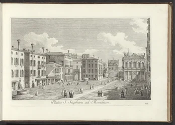 Gezicht op Campo Santo Stefano te Venetië Náměstí sv. Štěpána na jih (název na objektu) Gezichten op bugemenen en pleinen v Benátkách (název série) Nejznámější pohledy na město Benátky, z 38. panelů Antoniova kanálu, vytištěné mosazí Antoniem Vissem