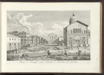Gezicht op de Chiesa di San Giuseppe di Castello te Venetië Areál sv. Josefa s chrámem sv. Mikuláše na hradě (název na objektu) Gezichten op bugemenen en pleinen v Benátkách (název série) Známější pohledy na město Benátky z obrazů Antonia Canala