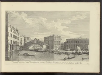 Gezicht on Canal Grande, Palazzo dei Camerlenghi en de Rialtobrug te Benátky Most Rivoalti na západ s veřejnými budovami připojenými po obou stranách (název na objektu) Nejznámější pohledy na město Benátky z 38 panelů Antonius Canal, ex