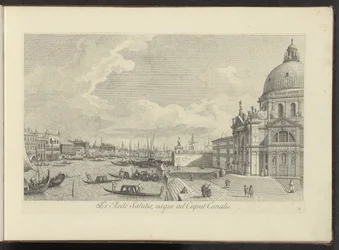 Podívejte se na Canal Grande a Santa Maria della Salute te Benátky Od domu spásy k hlavě kanálu (název na objektu) Nejznámější pohledy na město Benátky, z 38 panelů Antonius Canal, vytištěných na mosazi Antoniem Vissentinim, ve třech částech