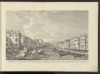 Gezicht vanaf de Rialtobrug na Canal Grande te Benátky Od Ponte Rivoalti na východ, k Aedes Foscarorum, kterému odpovídá Ripa Vinaria (název na předmětu) Nejznámější pohledy na město Benátky, z 38 panelů Antonius Canal, vytištěných mosazí A