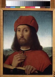 Portrét muže (Portrét muže). Obraz Antonella de Saliba (Antonio da Saliba) (cca 1467-po 1535). Olej na dřevě, 30 x 23 cm. Sicilské umění, italská renesance. Puškinovo muzeum výtvarných umění, Moskva.