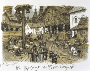 Kitai Gorod v 17. století (Kitay Gorod v 17. století). Obchodní čtvrť v centru Moskvy (Rusko), popsaná v zimě s animací obchodníků uprostřed tradiční architektury. Dílo Appolinari Michajloviče Vasněcova (1856-1933)