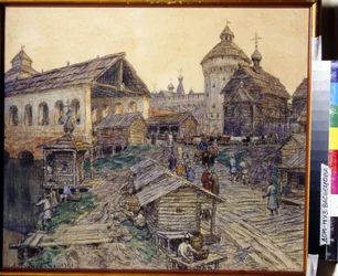 Most vzkříšení v Moskvě v 17. století. Dílo Appolinari Michajloviče Vasněcova (1856-1933), akvarel a pastel na papíře